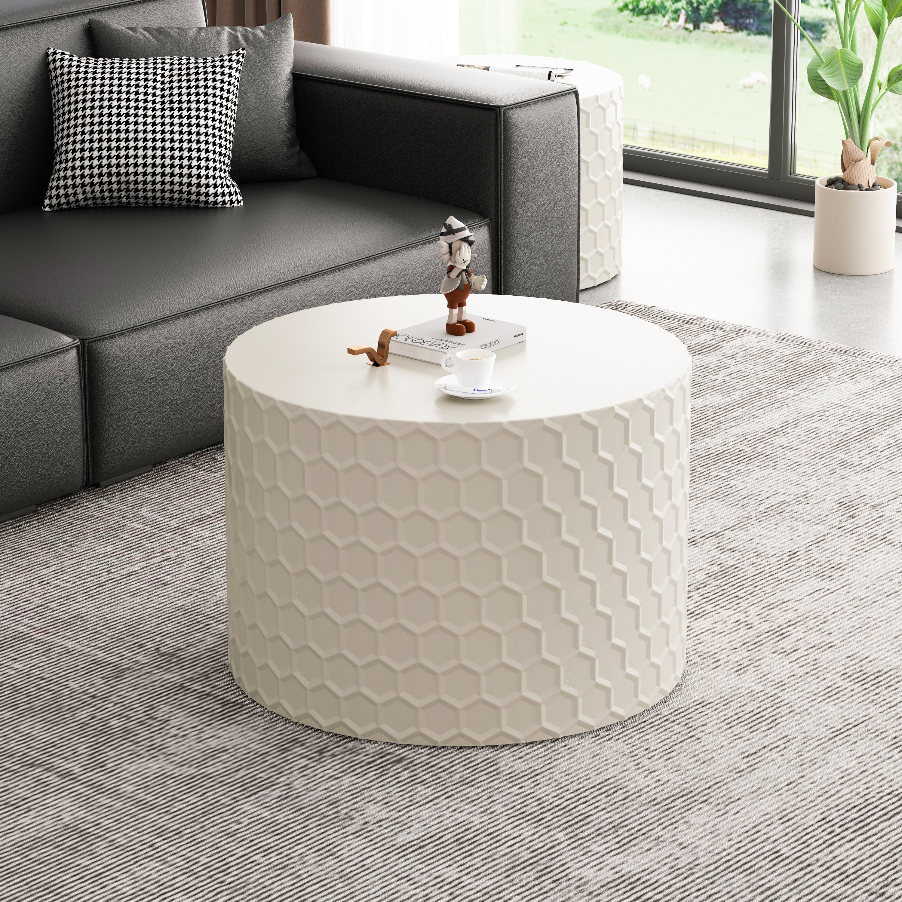 Stylish and Minimalist Nesting Coffee Table Set with Honeycomb Design, Modern Round Coffee Table, Drum Circle Coffee Table  for Living Room, Bedroom, Beige(Set of 2 Pieces)