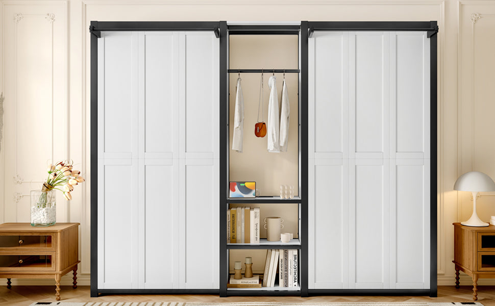 Twin and Twin Murphy Bed, Metal Foldable Murphy Bed with Wardrobe, Shelves and Power Outlets, 2 in 1 Design, Space-saving, White