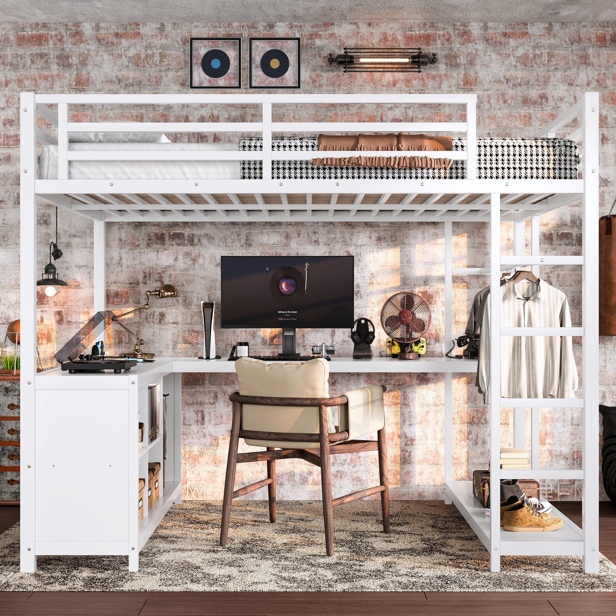Metal Loft Bed with Wardrobe and L-shaped Desk, Full Size Loft Bed with Storage Cubes and Shelves, Loft Bed for Kids Teens Adults, White