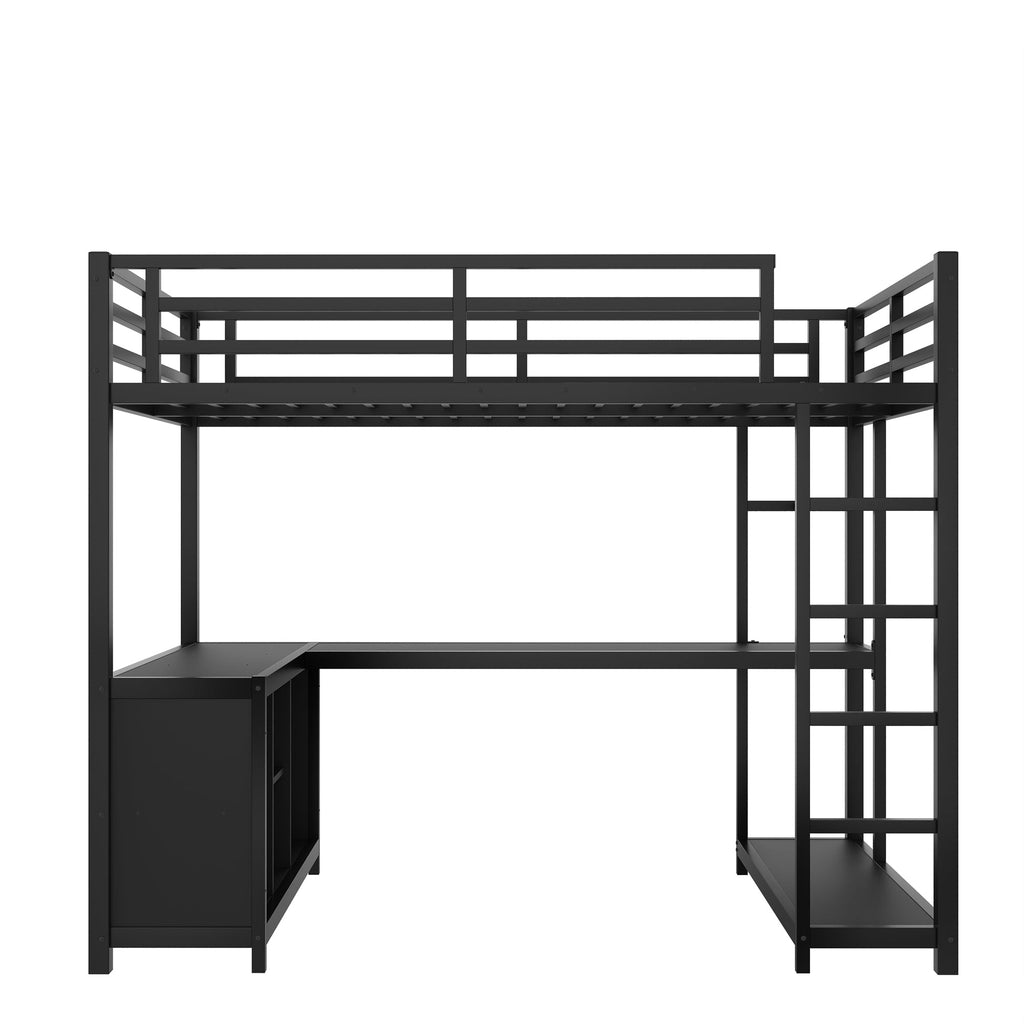 Metal Loft Bed with Wardrobe and L-shaped Desk, Twin Size Loft Bed with Storage Cubes and Shelves, Loft Bed for Kids Teens Adults, Black