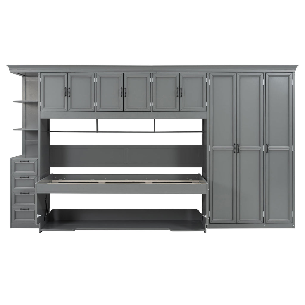 Twin Size Murphy Bed Wall Bed with Wardrobe, Cabinet and Desk, Gray