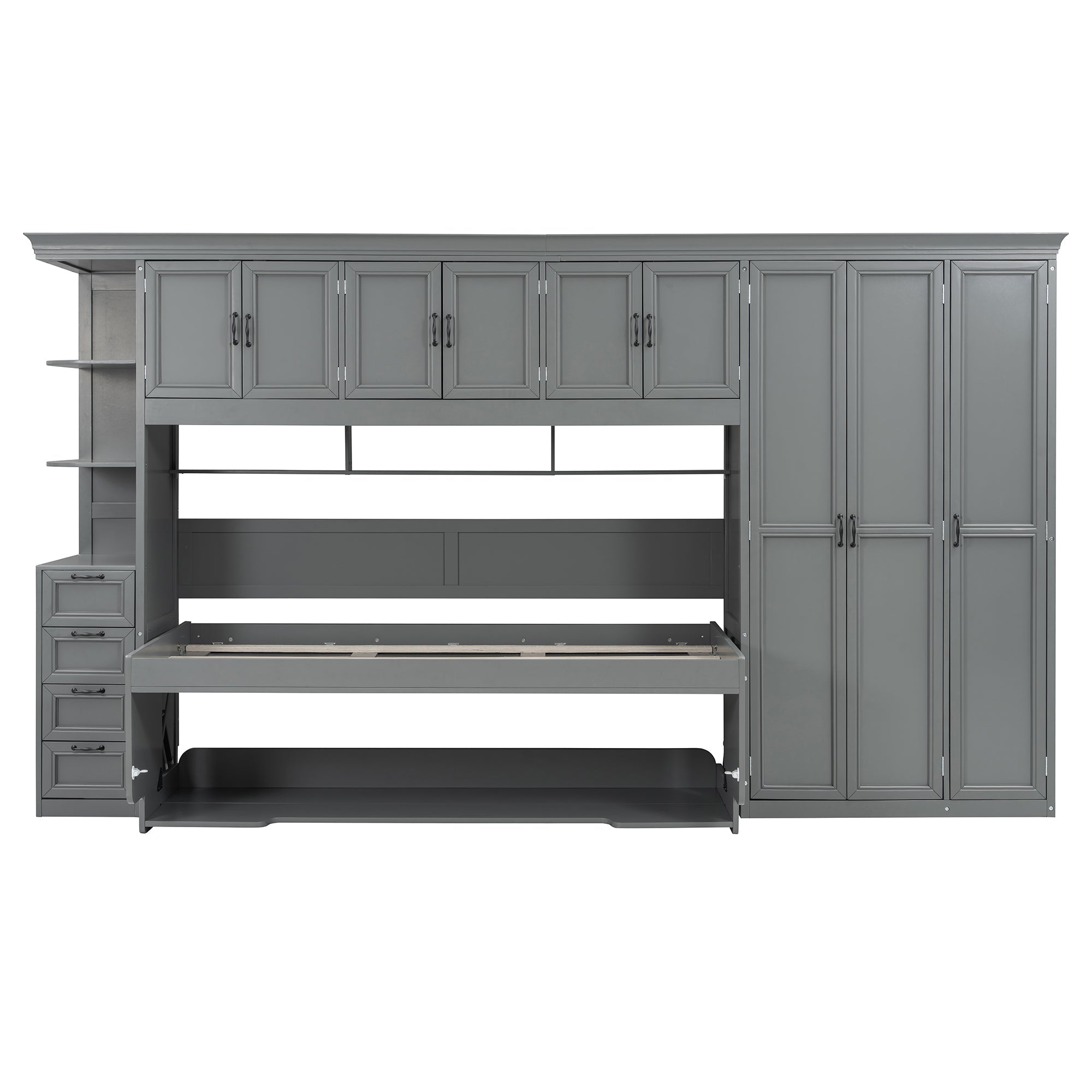 Twin Size Murphy Bed Wall Bed with Wardrobe, Cabinet and Desk, Gray