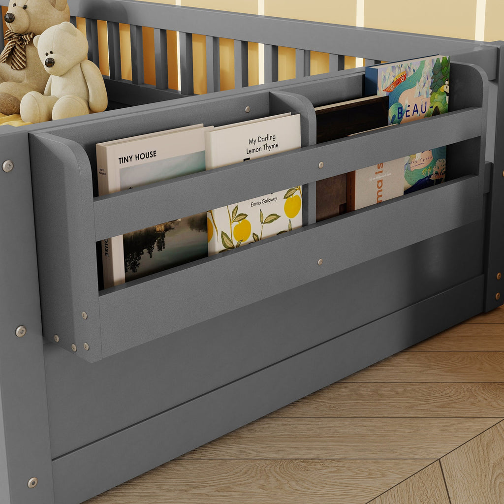 Twin Montessori Floor Bed Frame with High Rails, Wood Kids Floor Beds with Light and Storage Shelf, Gray (Expect Arrival Date 2025/8/15)