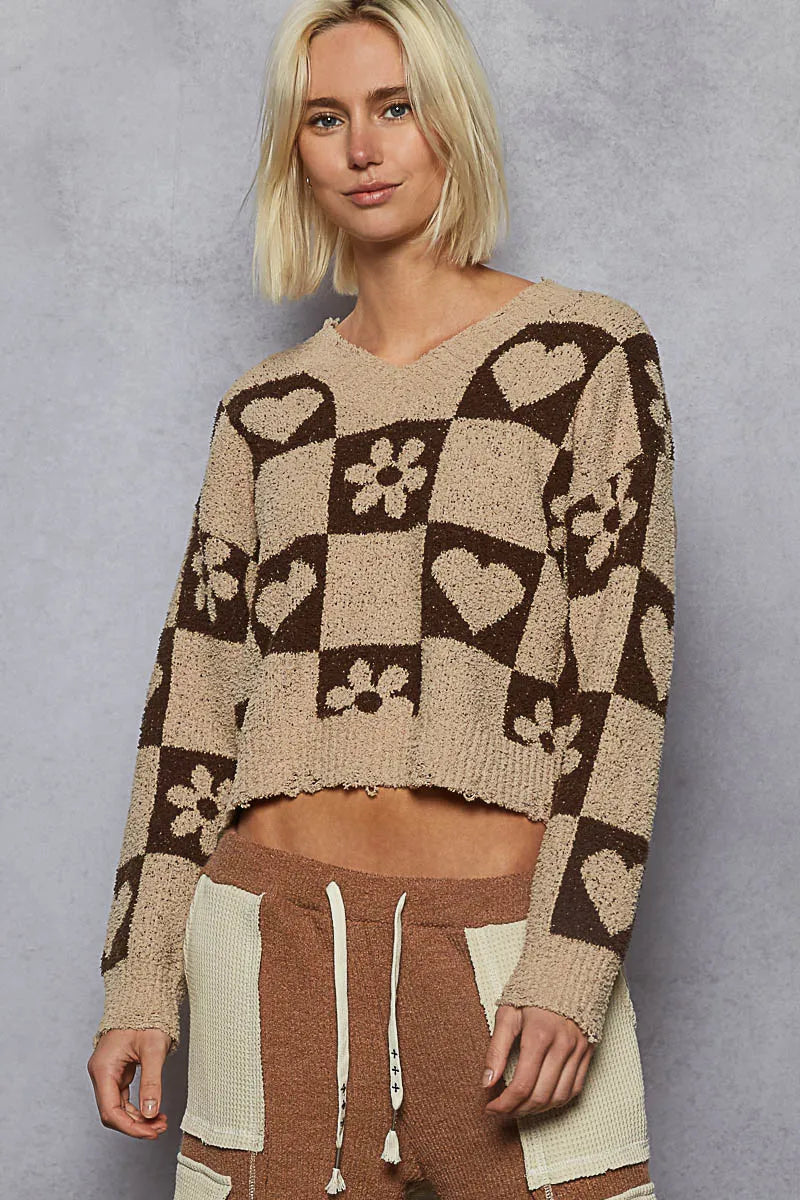 POL V-Neck Heart Pattern Checkered Sweater