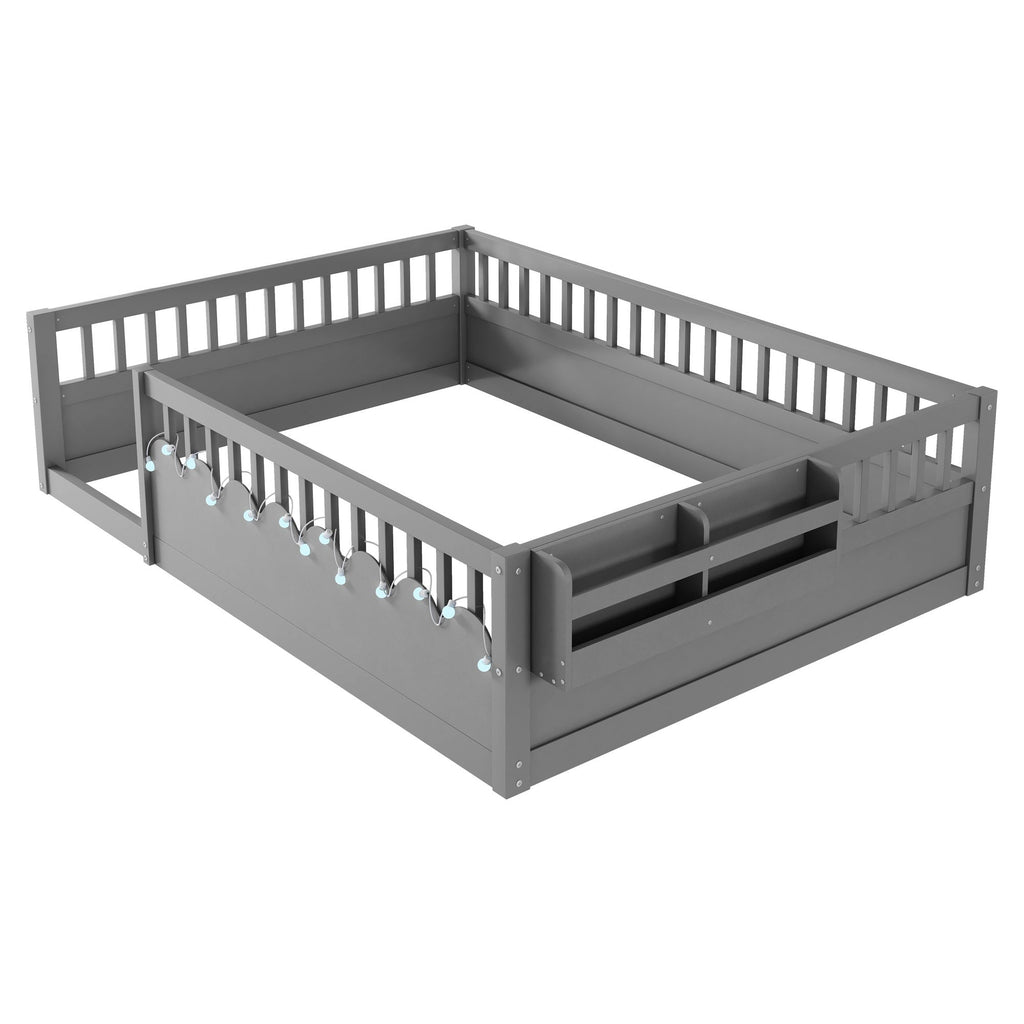Full Montessori Floor Bed Frame with High Rails, Wood Kids Floor Beds with Light and Storage Shelf, Gray(Expect Arrival Date 2025/8/15)