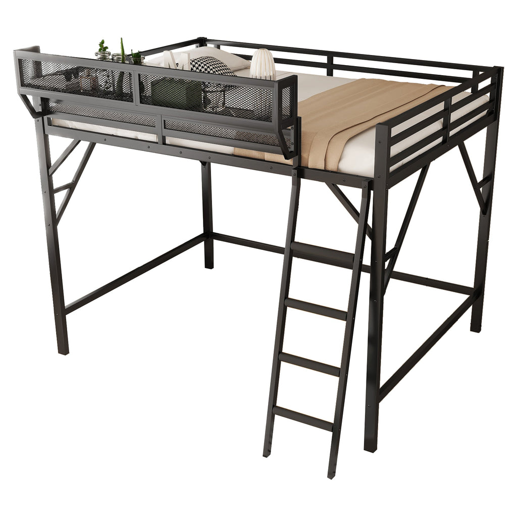 Full Size Loft Bed with Ladder, Metal Full Loft Bed with Storage Shelves, High Loft Bed for Kids Teens, Black(Expect Arrival Date 2025/11/26, Old SKU W2580P353531)