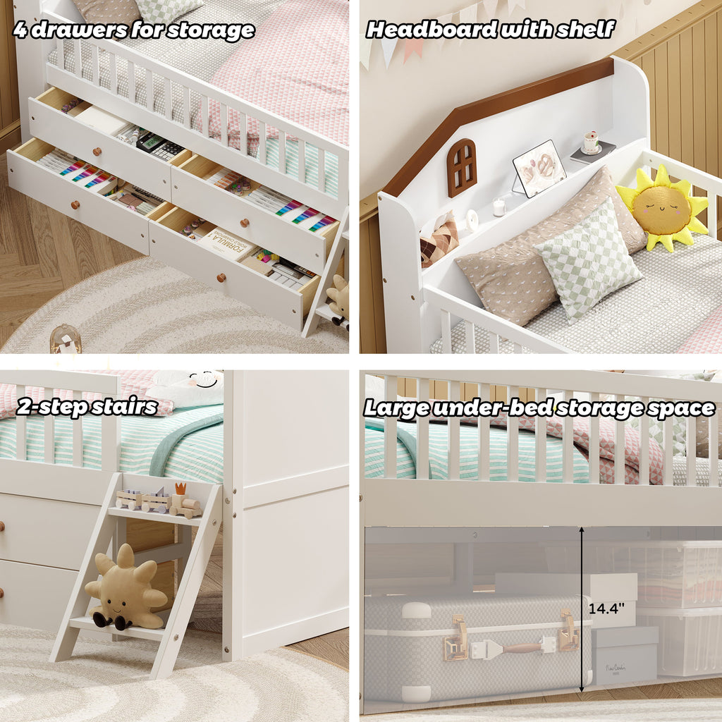 Twin Bed Frame with Storage 4 Drawers,Wooden Bed Frame for Kids,Platform Twin Size Bed with Guardrail Headboard and Ladder, No Box Spring Needed, Easy Assembly, White