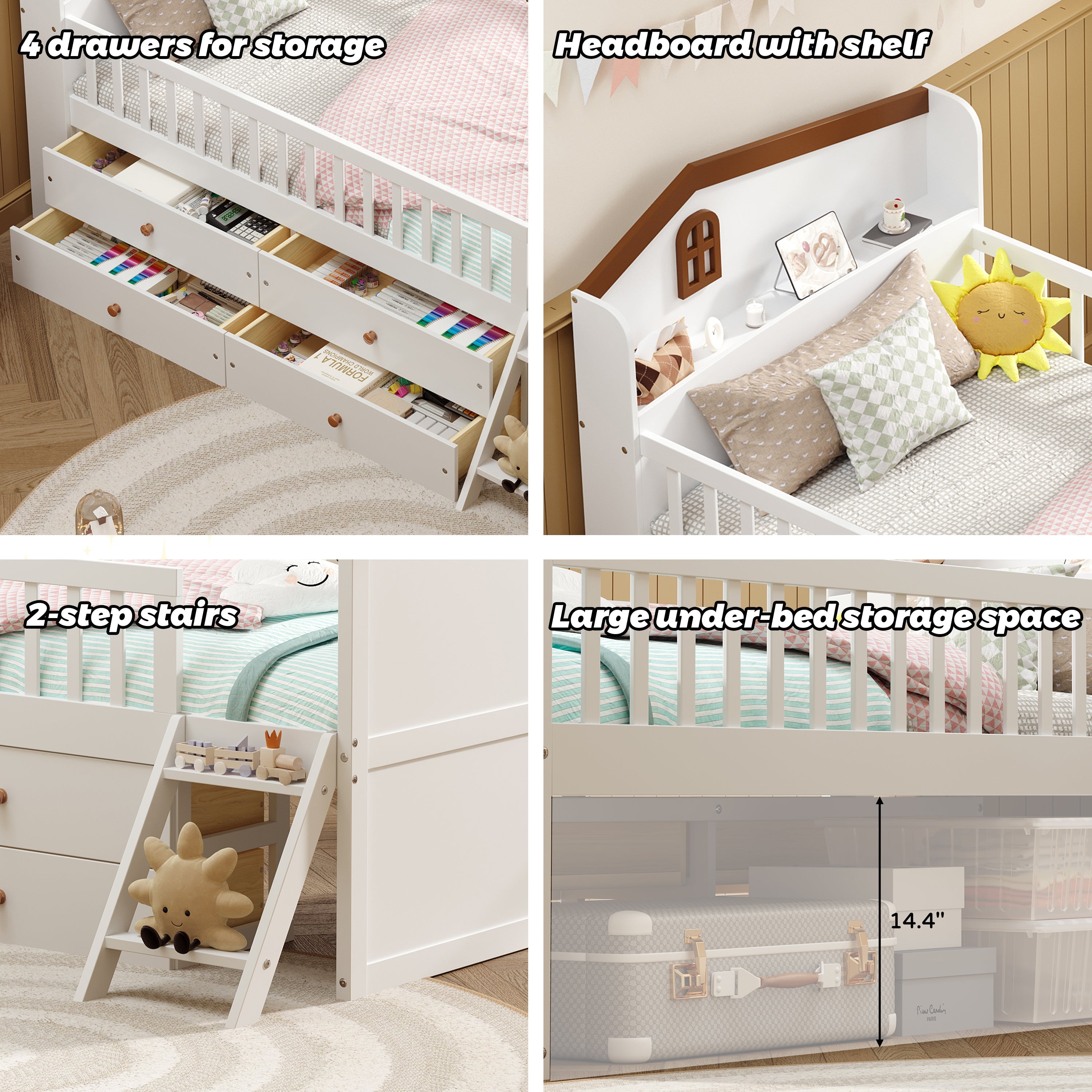 Twin Bed Frame with Storage 4 Drawers,Wooden Bed Frame for Kids,Platform Twin Size Bed with Guardrail Headboard and Ladder, No Box Spring Needed, Easy Assembly, White