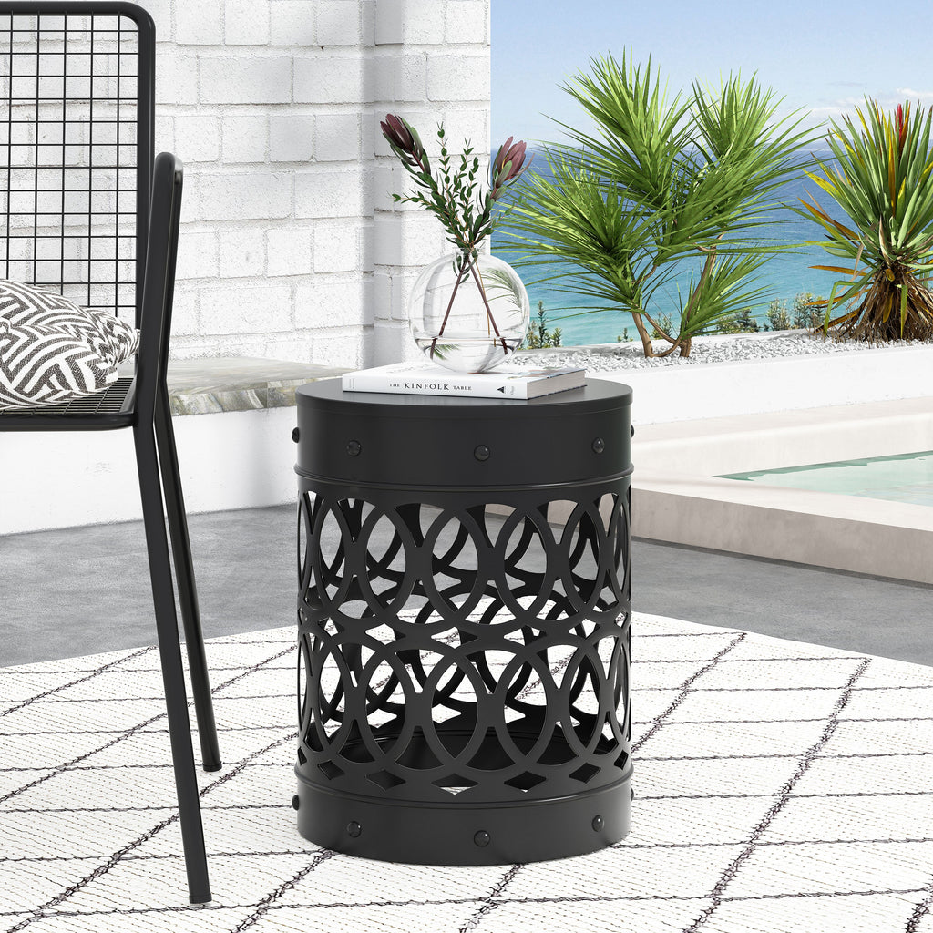 Modern Outdoor Metal End Table with Iron Cut Design in Black, Large Size