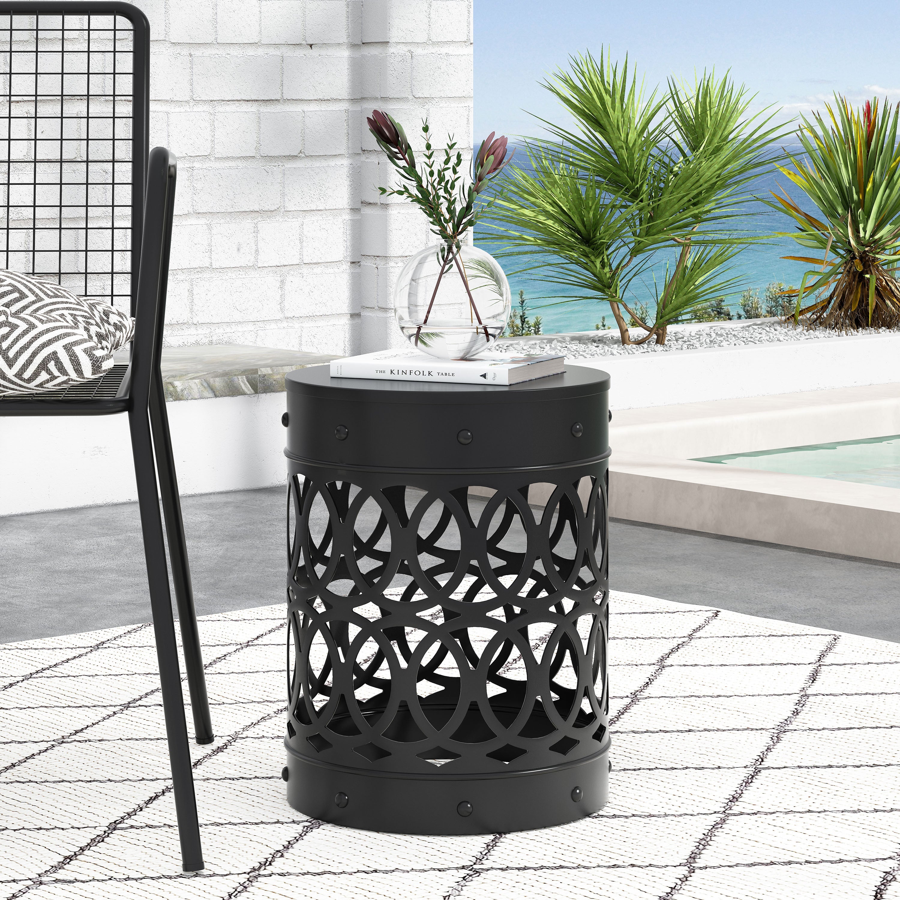 Modern Outdoor Metal End Table with Iron Cut Design in Black, Large Size