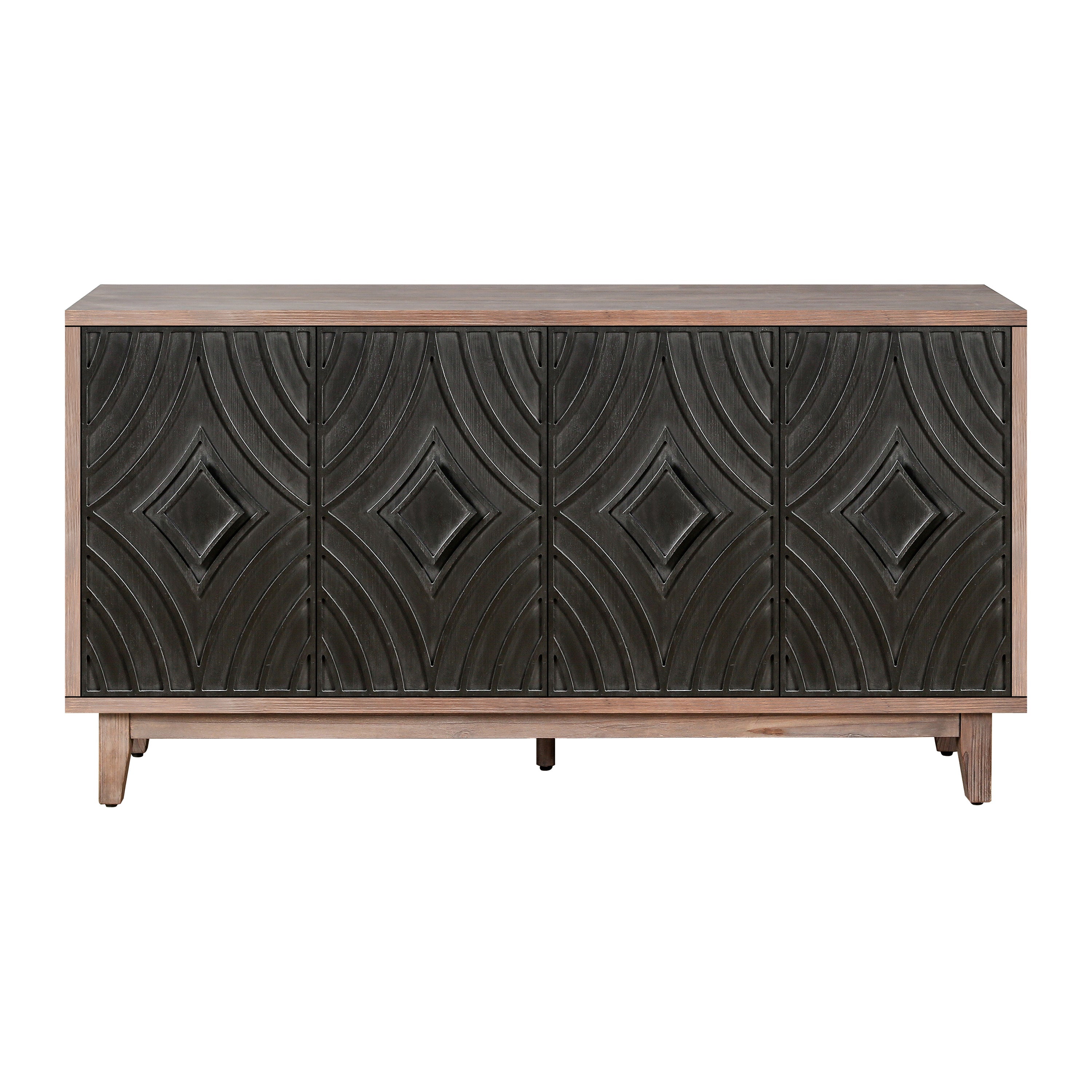 Mid Century Sideboard Buffet Cabinet with Solid Wood Legs 60" Kitchen Storage Cabinet Credenza with 4 Convex pattern diamond Doors and 2 Shelves Accent Console Table for Living Room Entrance Hall etc