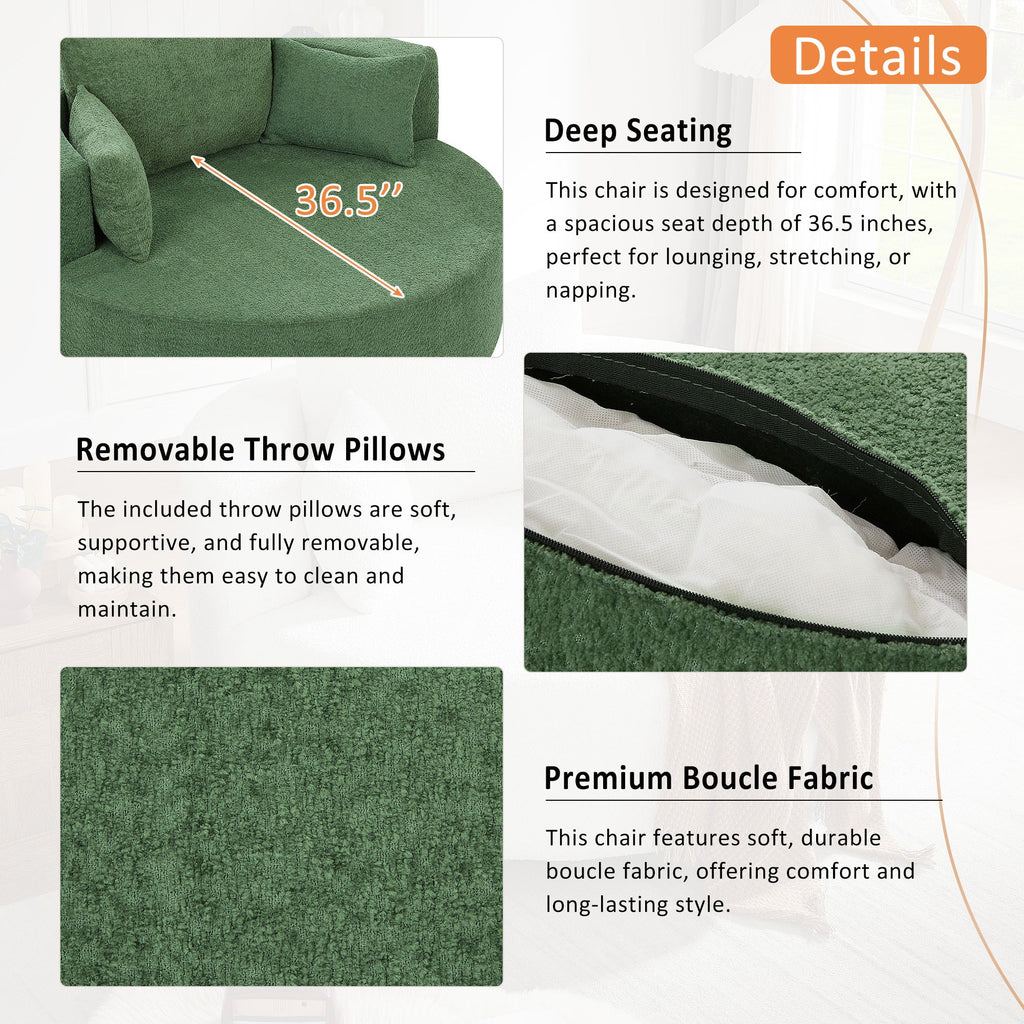Modern 360° Swivel Accent Barrel Chair with Removable Pillows in Green Chenille for Living Room and Office