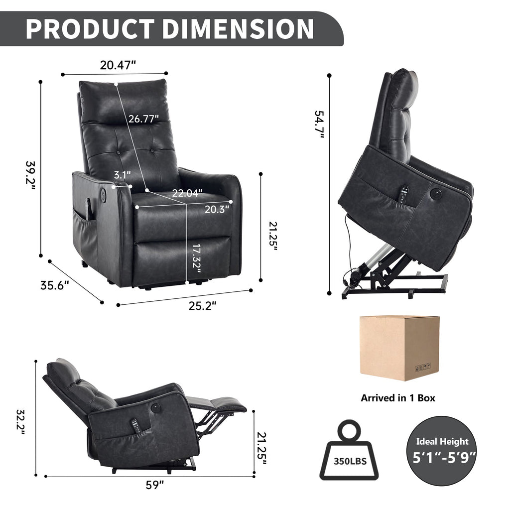 Deep Grey PU Single Motor Power Lift Recliner Chair with Massage and Heat for Elderly, Heavy Duty Motion Mechanism and One USB for Charging, Max Reclining Angle 155°
