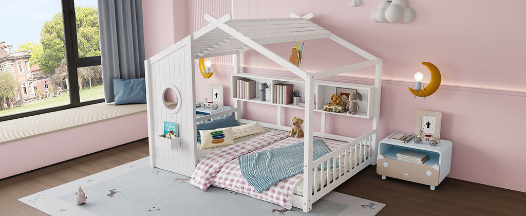 Full Size Floor House Bed for Toddler, Kids Montessori Bed  with Storage Shelf, Playhouse Bed with Roof Design, White