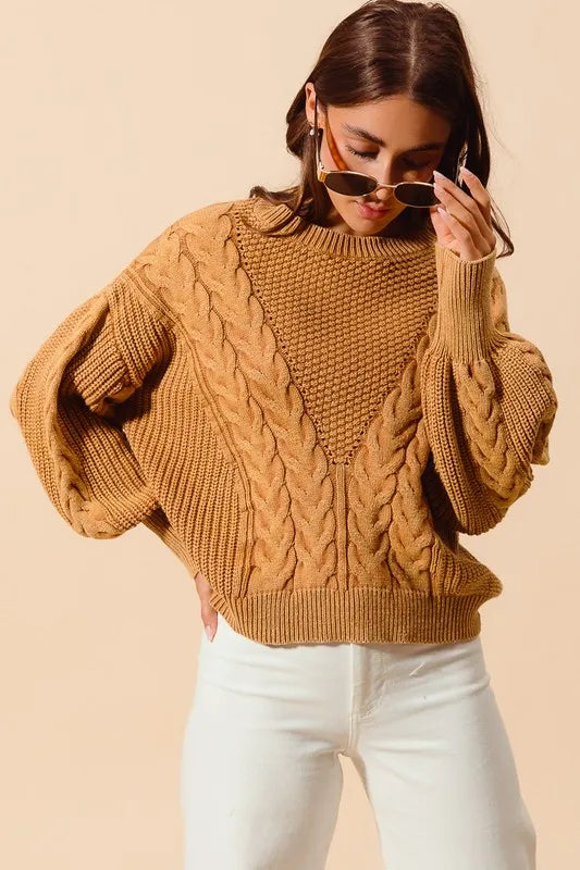 SO ME Mineral Washed Loose Fit Textured Cable Sweater