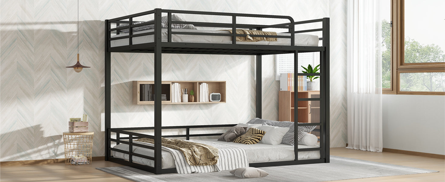 Metal Bunk Bed, Full over Full Floor Bunk Bed Frame,Heavy-Duty Bunk Bed for Kids, Teens, Adults, Noise-reduced Design, Black