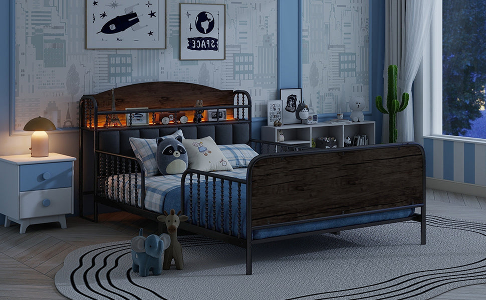 Full Size Metal Platform Bed Frame with Light, Kids Full Metal Bed with Upholstered and Storage Headboard, Black (Expect Arrival Date 2025/10/5)