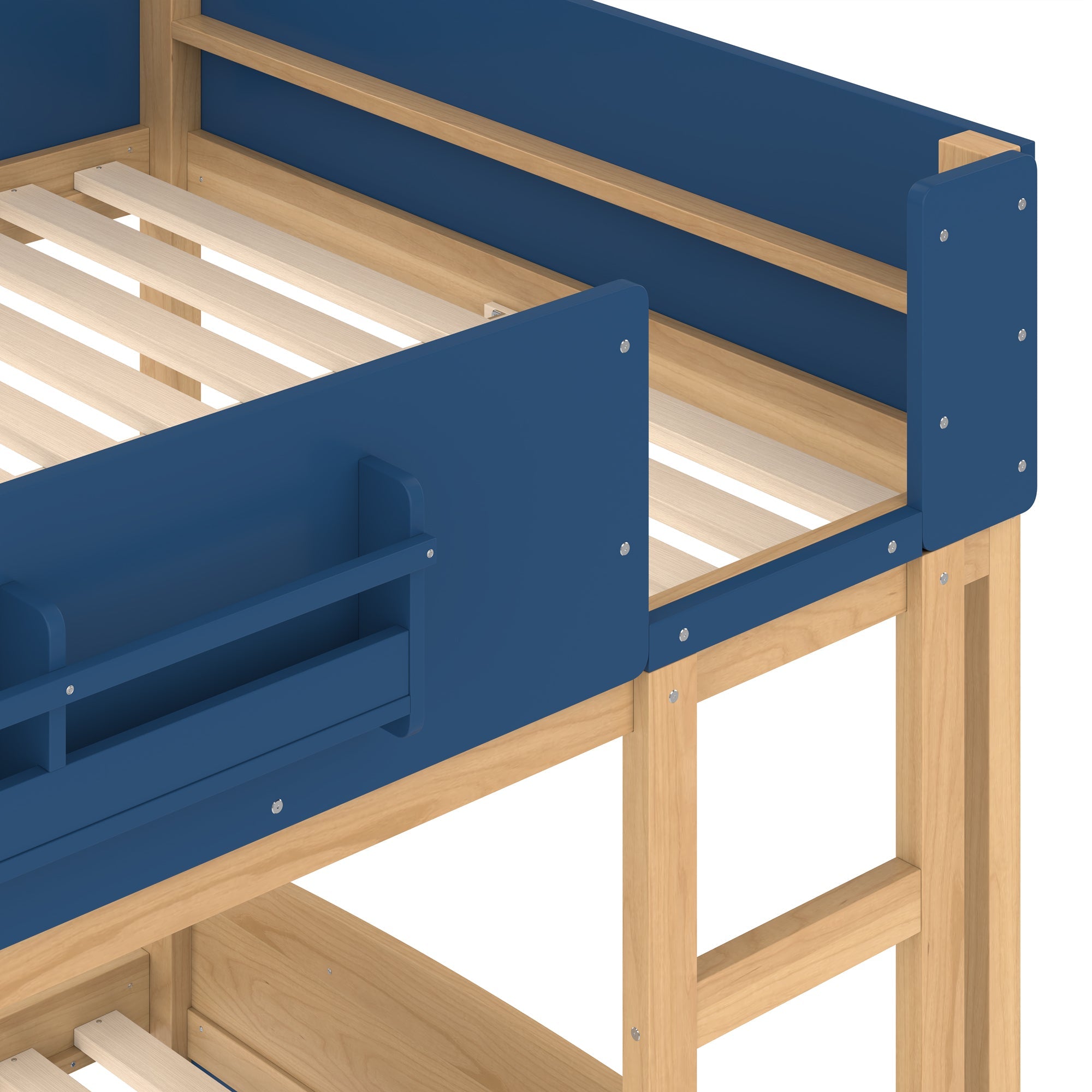 Full Bunk Bed with Trundle , Wood Bunk Bed Frame with Built-inBookshelf and High-quality Safety Guardrail,Automobile Form Design for Kids ,Blue＆Natural.