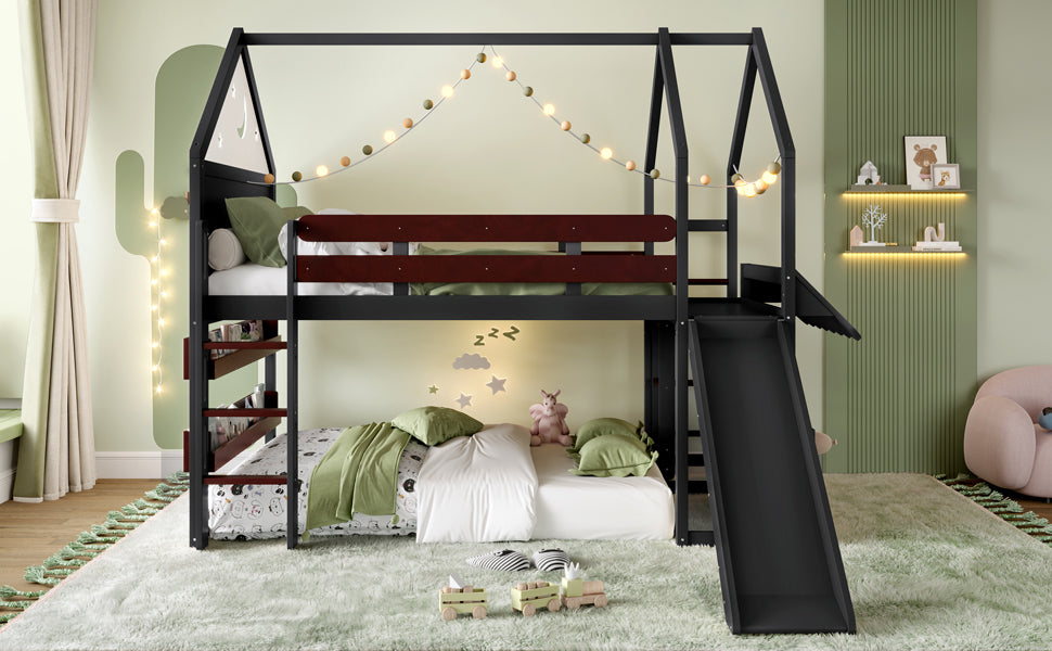 Full Size Loft Bed with Bookshelf Playful Design for Kids House-Shaped Structure with Slide High-Quality Safety Rails,Black.