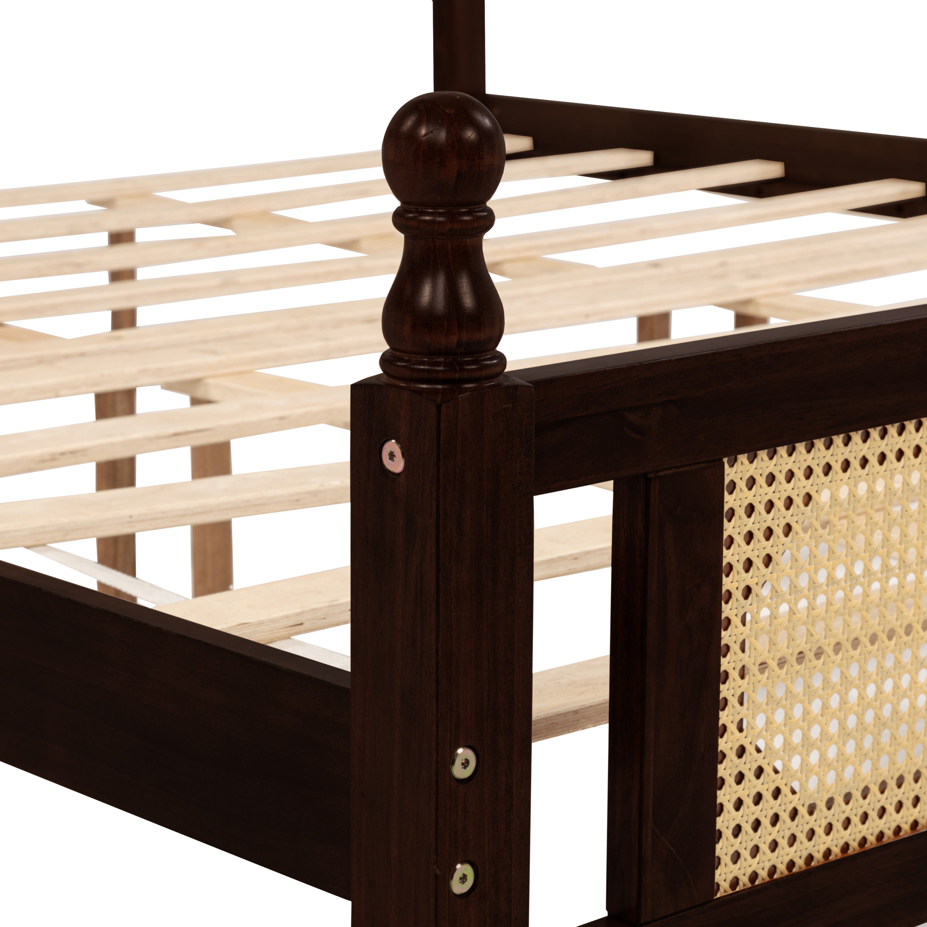King Pine wooden Bed with Rattan Headboard  and Footboard, with  Central Enhanced Bed Platform ,Espresso