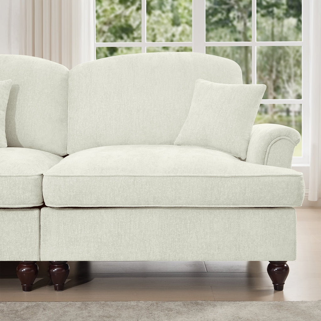 Mid Century Three Seater Modular L Shaped Sectional Couch with Flared Arms and Removable Ruffles Pleats Skirts and Spindle Legs, Comfy Chenille 3-Seat Deep Seat Sofa with Movable Ottoman, Beige White