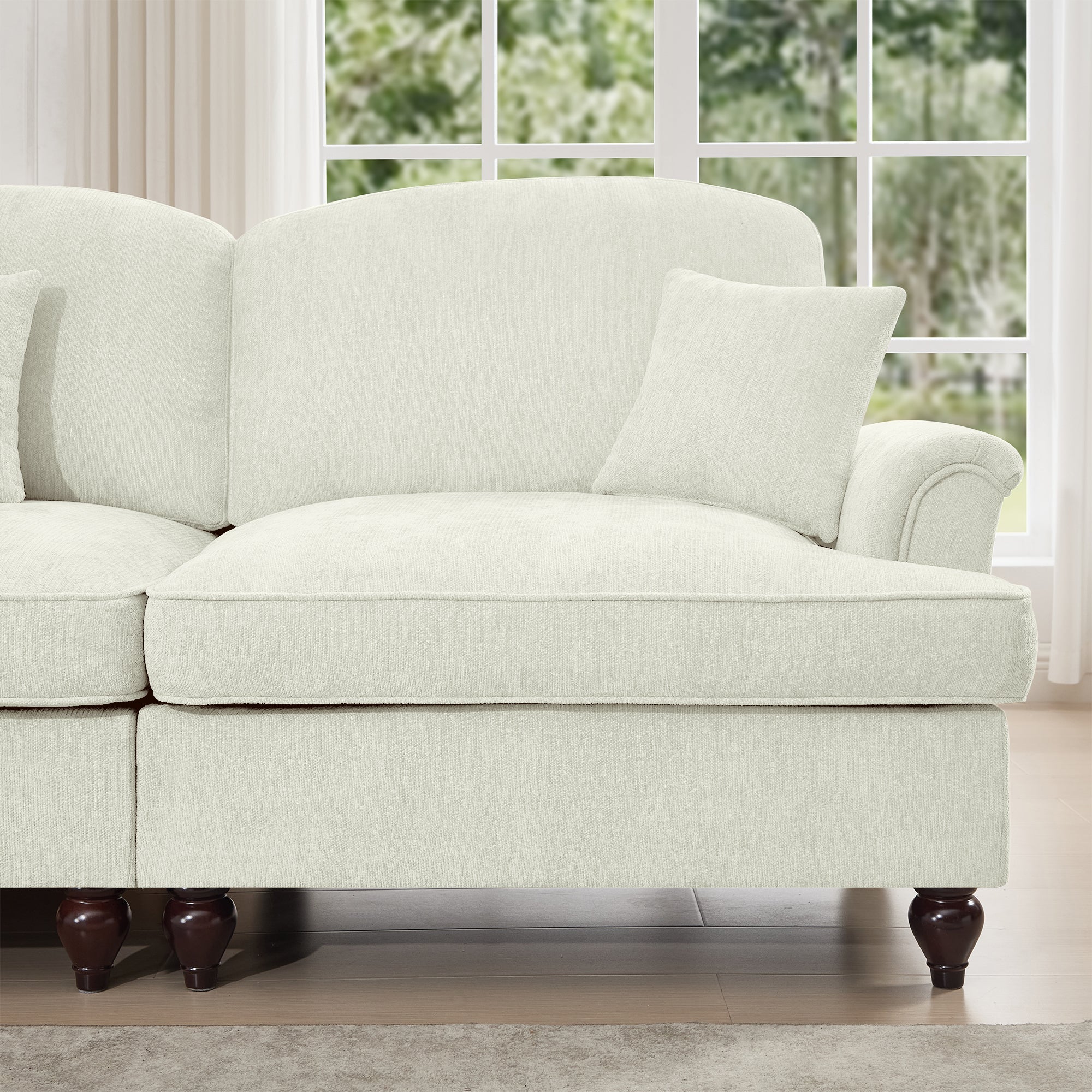 Classic Comfy Modular U Shape Sectional Sofa Couch with Flared Arms and Removable Ruffles Pleats Skirts and Spindle Legs, Upholstered Chenille Deep Seat Cloud Sofa with Movable Ottomans, Beige White