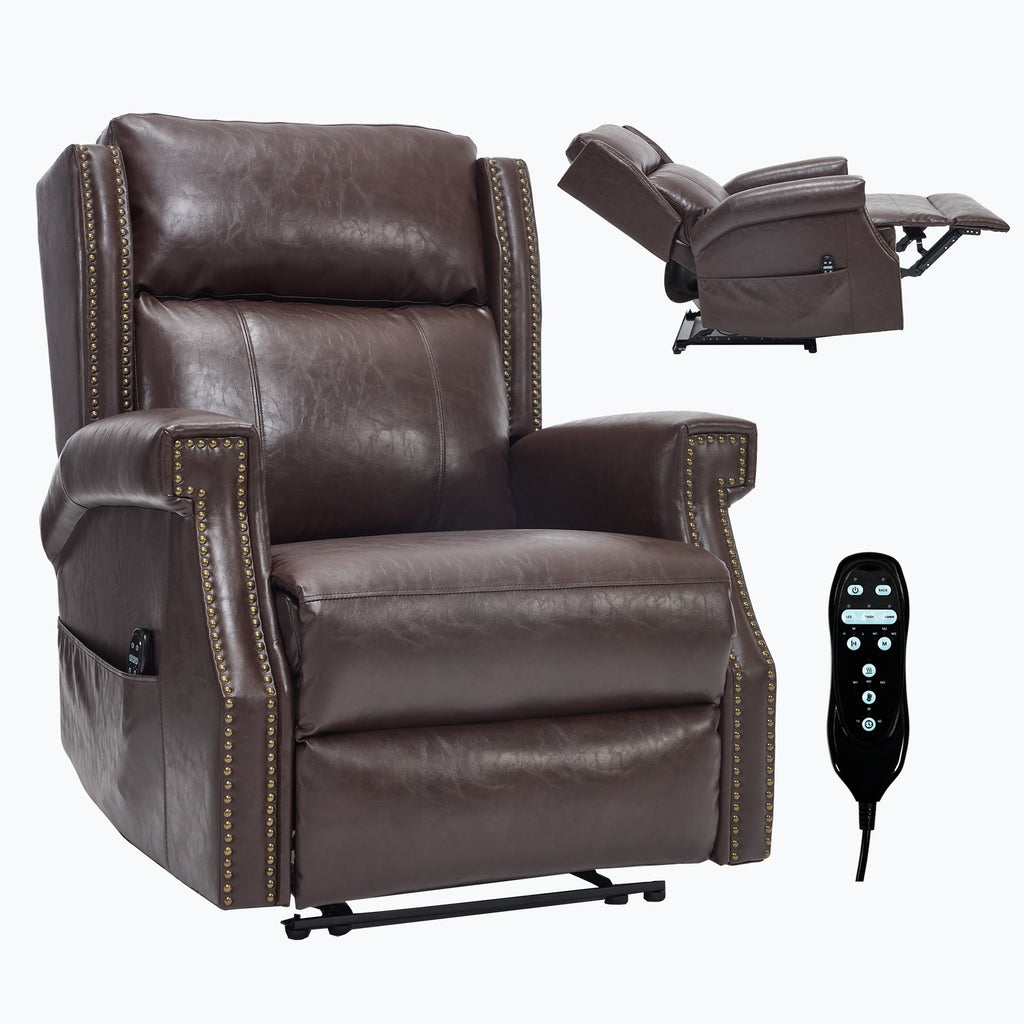 Brown Manual Recliner Chair in Faux Leather for Living Room with Heavy Duty Motion Mechanism, 8 vibrating nodes and 3 massage modes