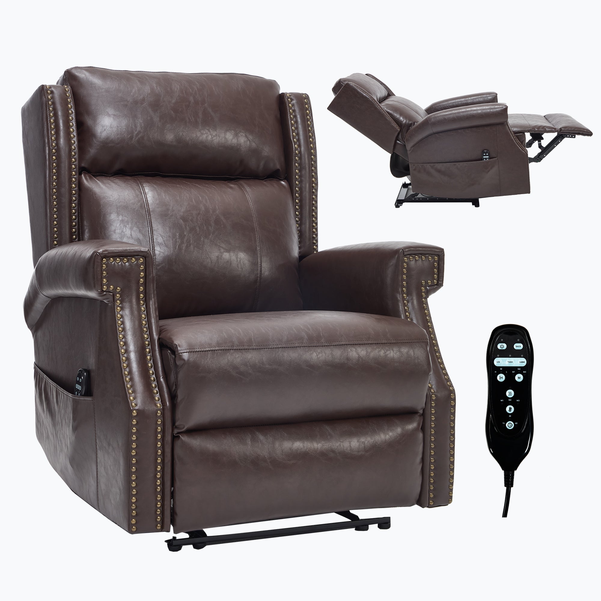 Brown Manual Recliner Chair in Faux Leather for Living Room with Heavy Duty Motion Mechanism, 8 vibrating nodes and 3 massage modes