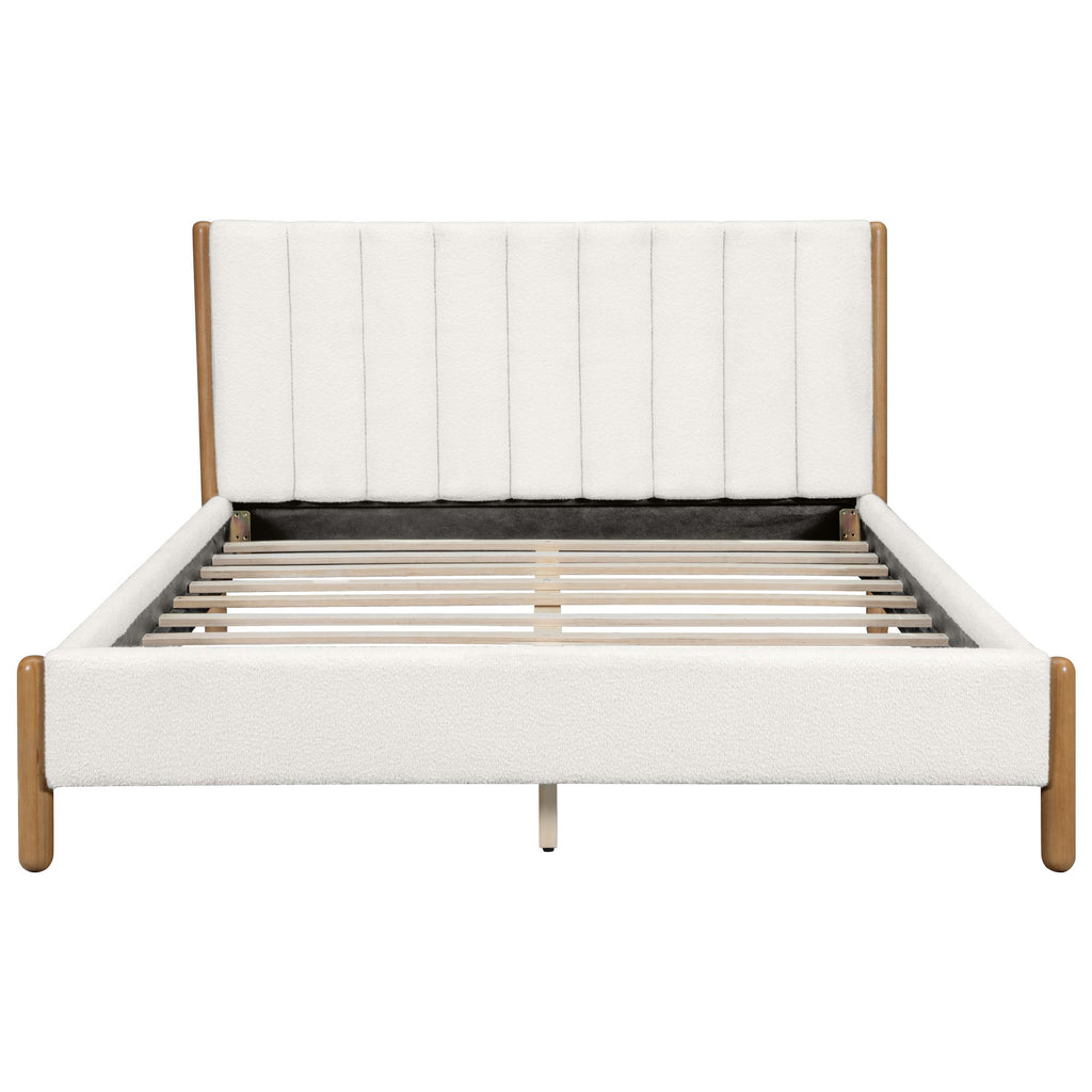 Queen Size Bed Frame with Boucle Upholstered Thick Headboard, Solid Wooden Legs, White