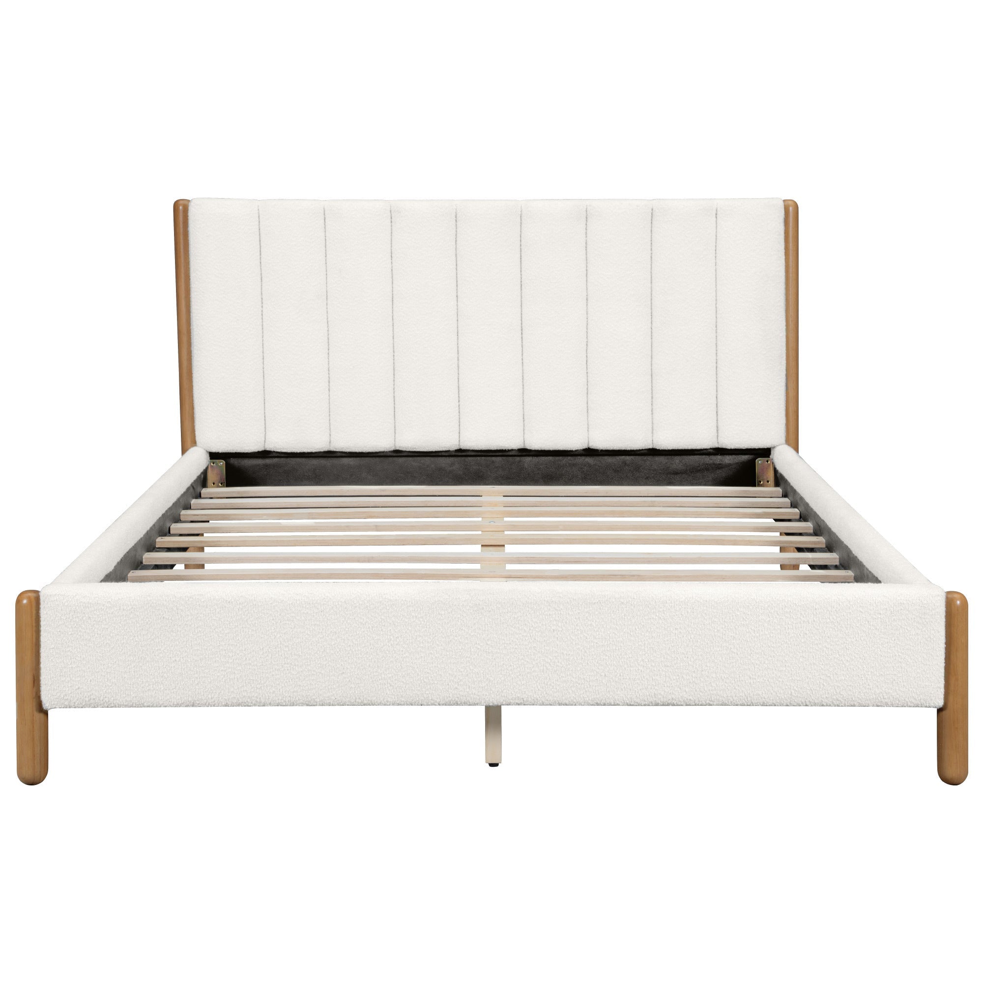 Queen Size Bed Frame with Boucle Upholstered Thick Headboard, Solid Wooden Legs, White