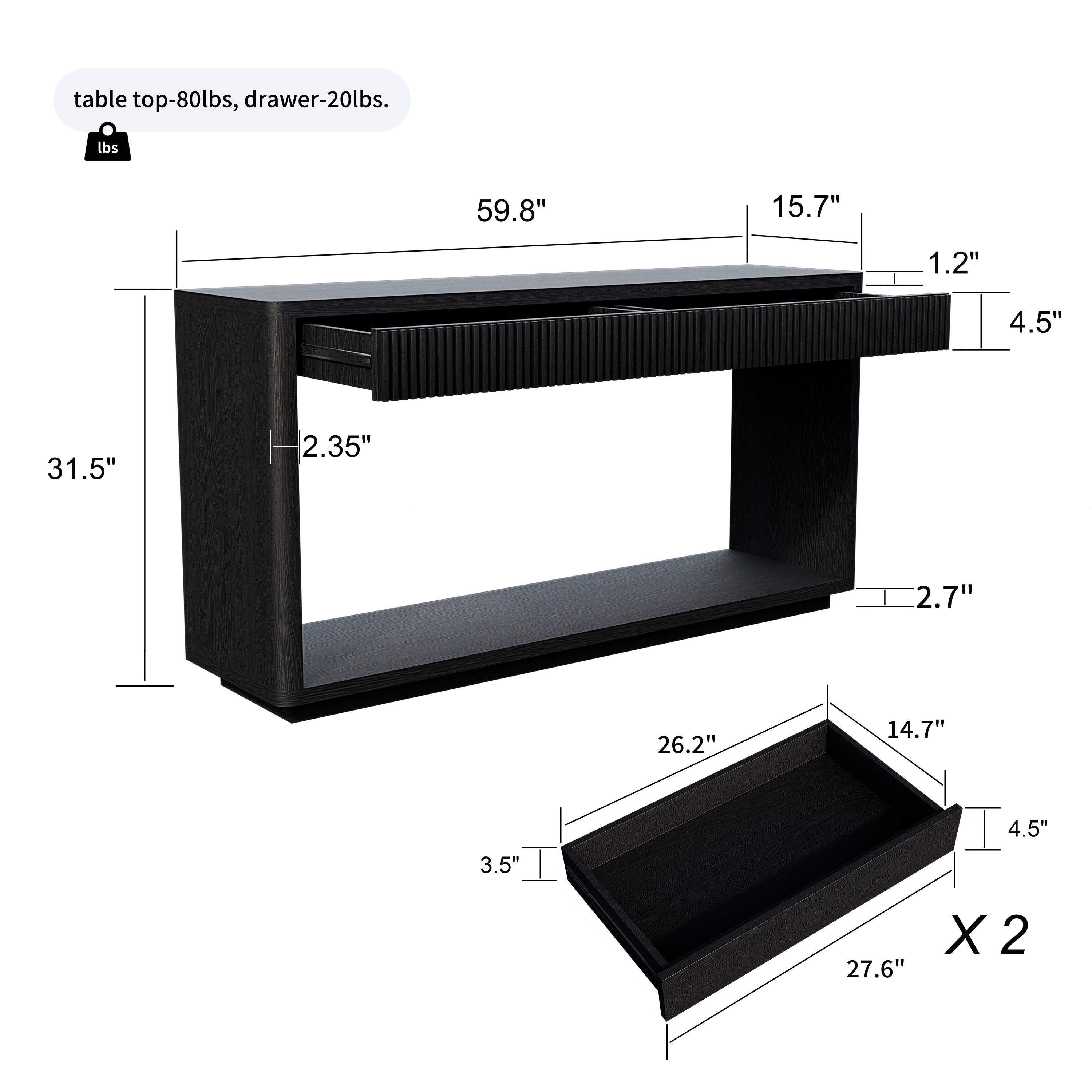 60' Modern 2-Drawer Fluted Console Table Natural Wood Veneer Sofa Table Behind Couch Table for Living Room, Hallway, Entryway, Home Office, Black