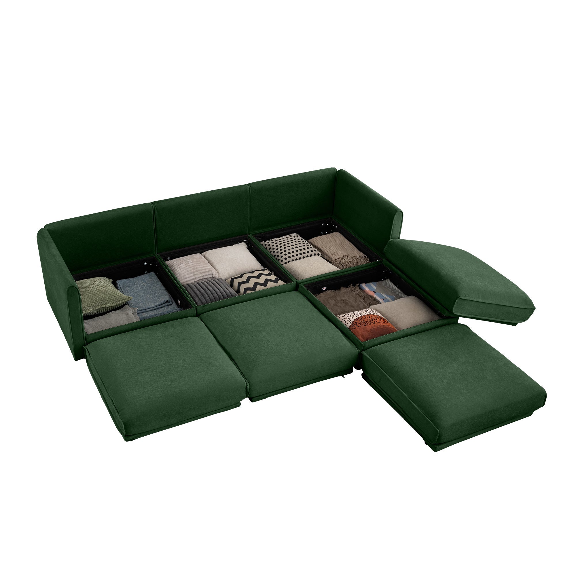 Elegant Green Chenille  Sofa with Storage Seat and Ottoman, L-Shaped 3-Seater Cylindrical Backrest and Armrests, Contemporary 3-Seater Fabric Couch with Hidden Storage Compartment