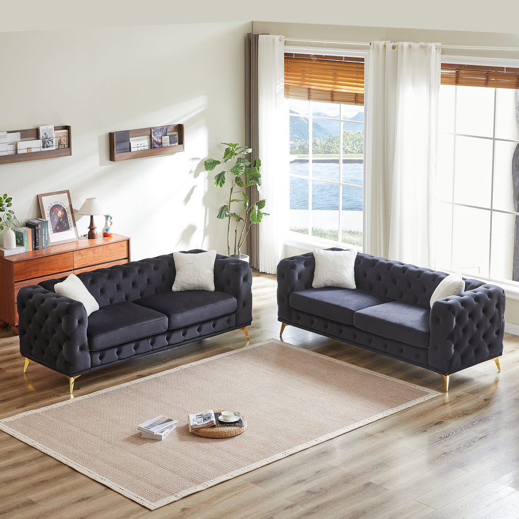 FX 3 seater + 3 seater combo sofa Velvet modern living room sofa with solid wood frame and metal feet, 4 cushions, apartment sofa furniture for living room, living room, office