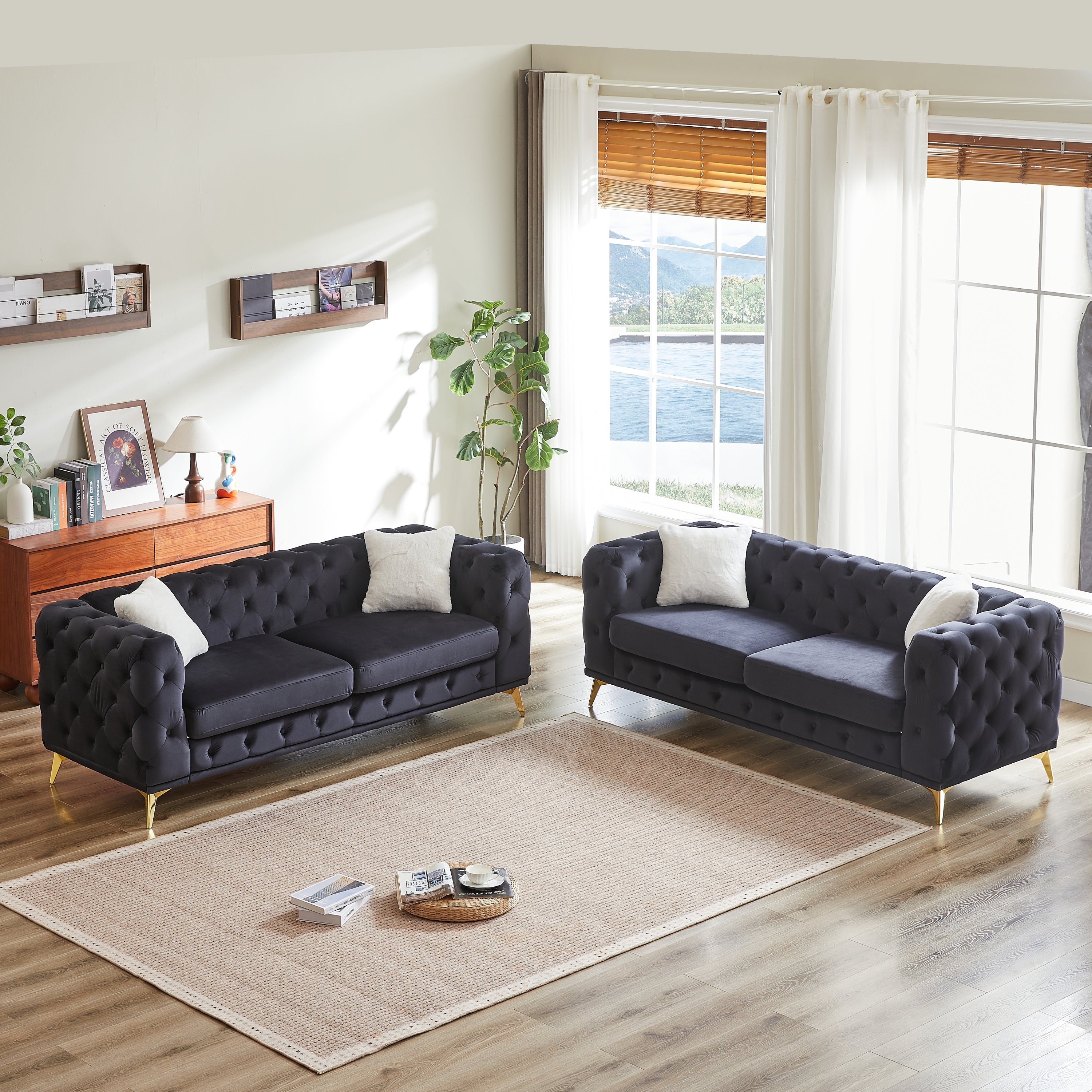 FX 3 seater + 3 seater combo sofa Velvet modern living room sofa with solid wood frame and metal feet, 4 cushions, apartment sofa furniture for living room, living room, office