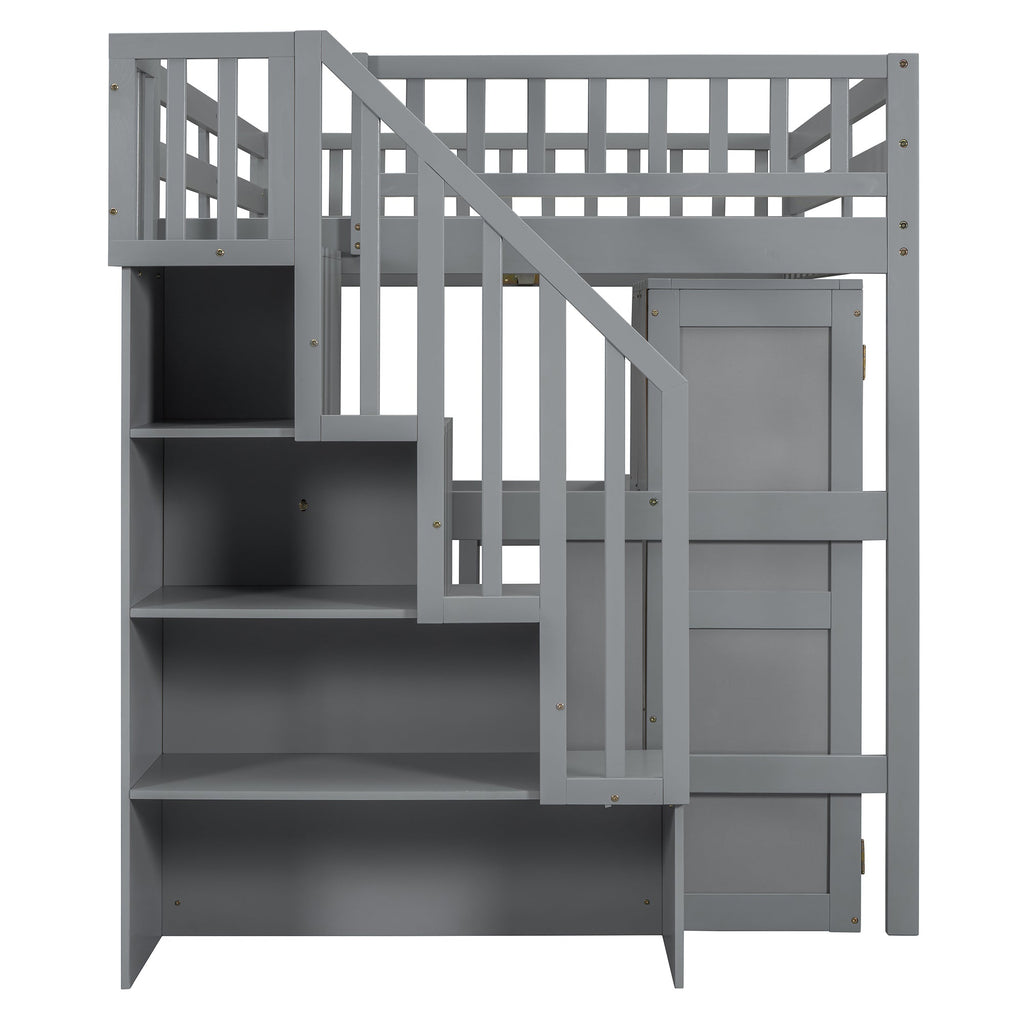 Full Size Loft Bed with Stairs, Bookshelf, Drawers, Desk & Wardrobe – Space-Saving Multifunctional Furniture for Kids & Teens-Gray