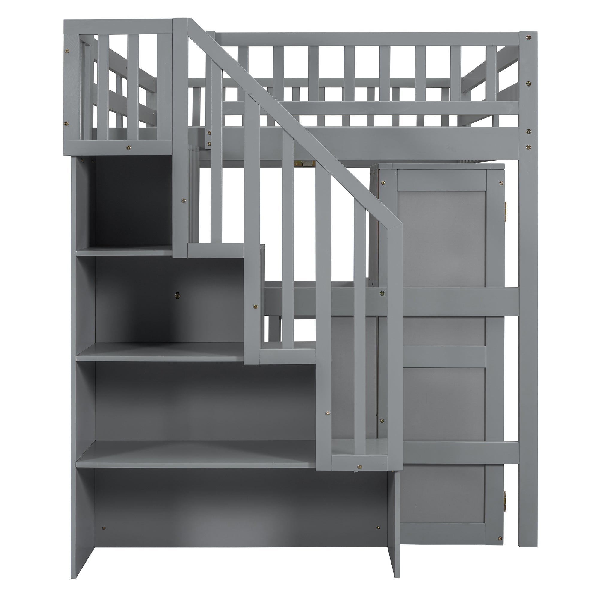 Full Size Loft Bed with Stairs, Bookshelf, Drawers, Desk & Wardrobe – Space-Saving Multifunctional Furniture for Kids & Teens-Gray