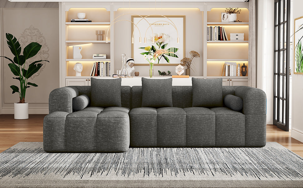Modern Grey Modular Sectional Sofa with Deep Seating and Side Pockets in Chenille Fabric