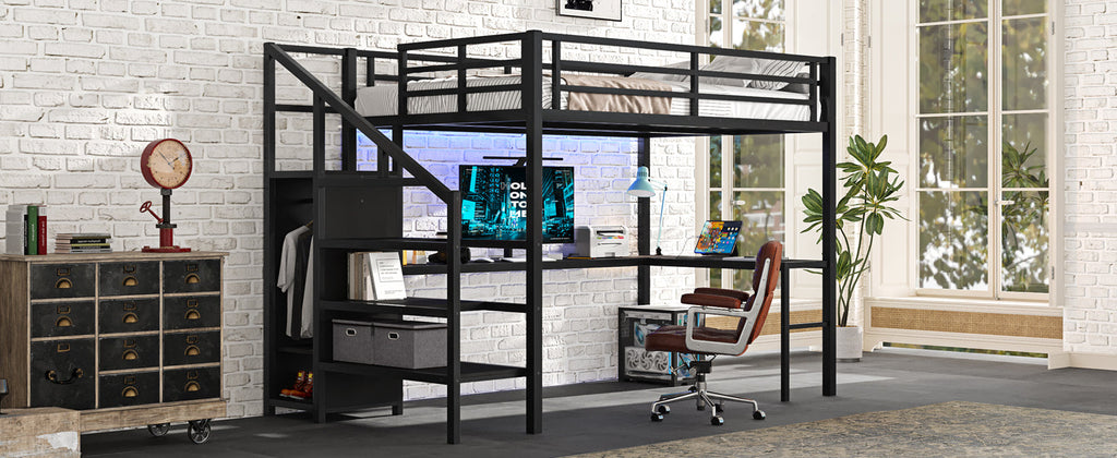 Full Size Loft Bed with L-shaped Desk and USB, Metal Loft Bed with Wardrobe and Adjustable Shelf, High Loft Bed with LED for Kids Teens Adults, Black