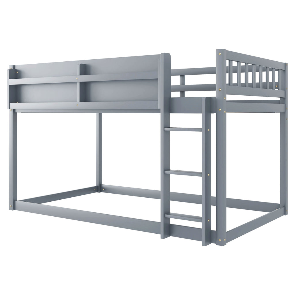 Low Twin Over Twin Bunk Bed, Floor Bunk Bed with Ladder, Solid Wood Twin Bunk Bed for Kids & Juniors, Grey(Expect Arrival Date 2025/11/25)