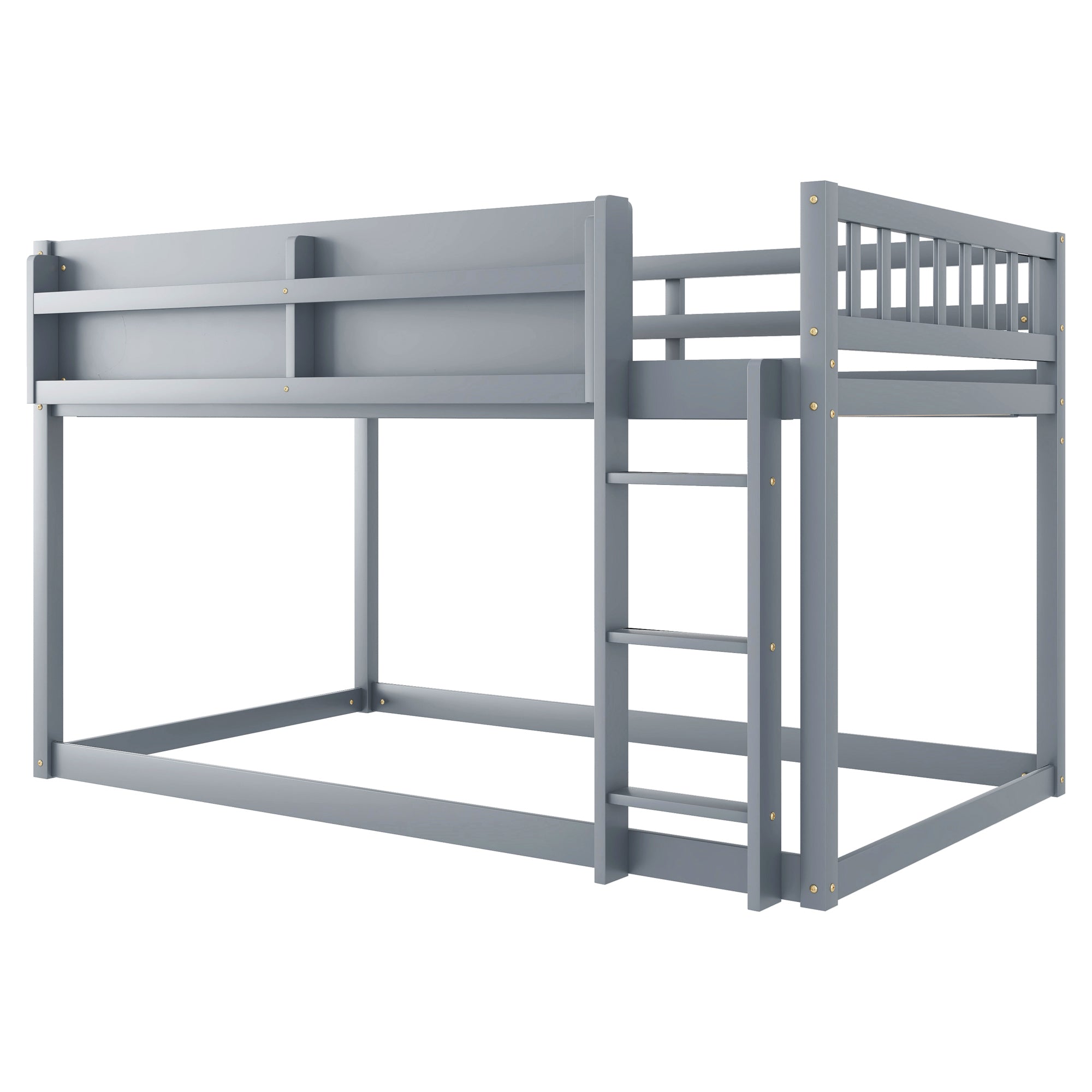 Low Twin Over Twin Bunk Bed, Floor Bunk Bed with Ladder, Solid Wood Twin Bunk Bed for Kids & Juniors, Grey(Expect Arrival Date 2025/11/25)