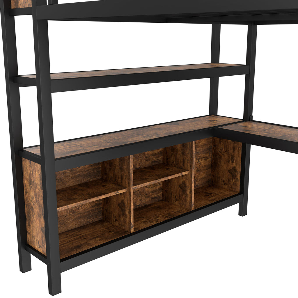 Metal Loft Bed with Wardrobe And L-shaped Desk, Queen Size Loft Bed with Storage Cubes and Shelves, Heavy Duty Loft Bed for Kids Teens Adults, Black Woodgrain