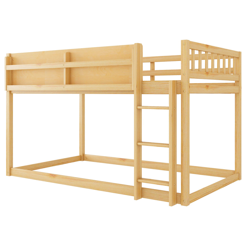 Low Twin Over Twin Bunk Bed, Floor Bunk Bed with Ladder, Solid Wood Twin Bunk Bed for Kids & Juniors, Natural(Expect Arrival Date 2025/11/25)
