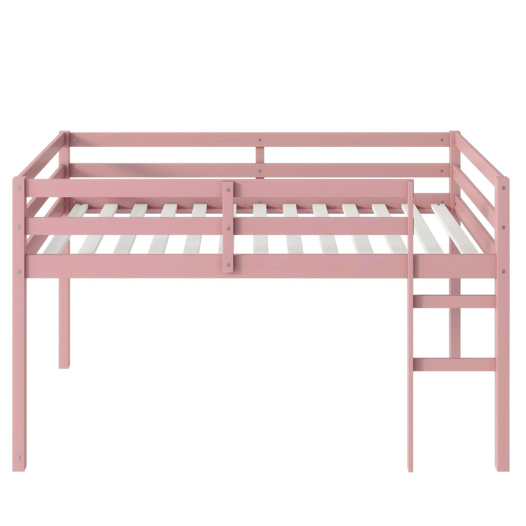 Solid Wooden, Rubber Wooden Twin Loft Bed with Ladder, Bed Platform of Strengthened Slats, Pink