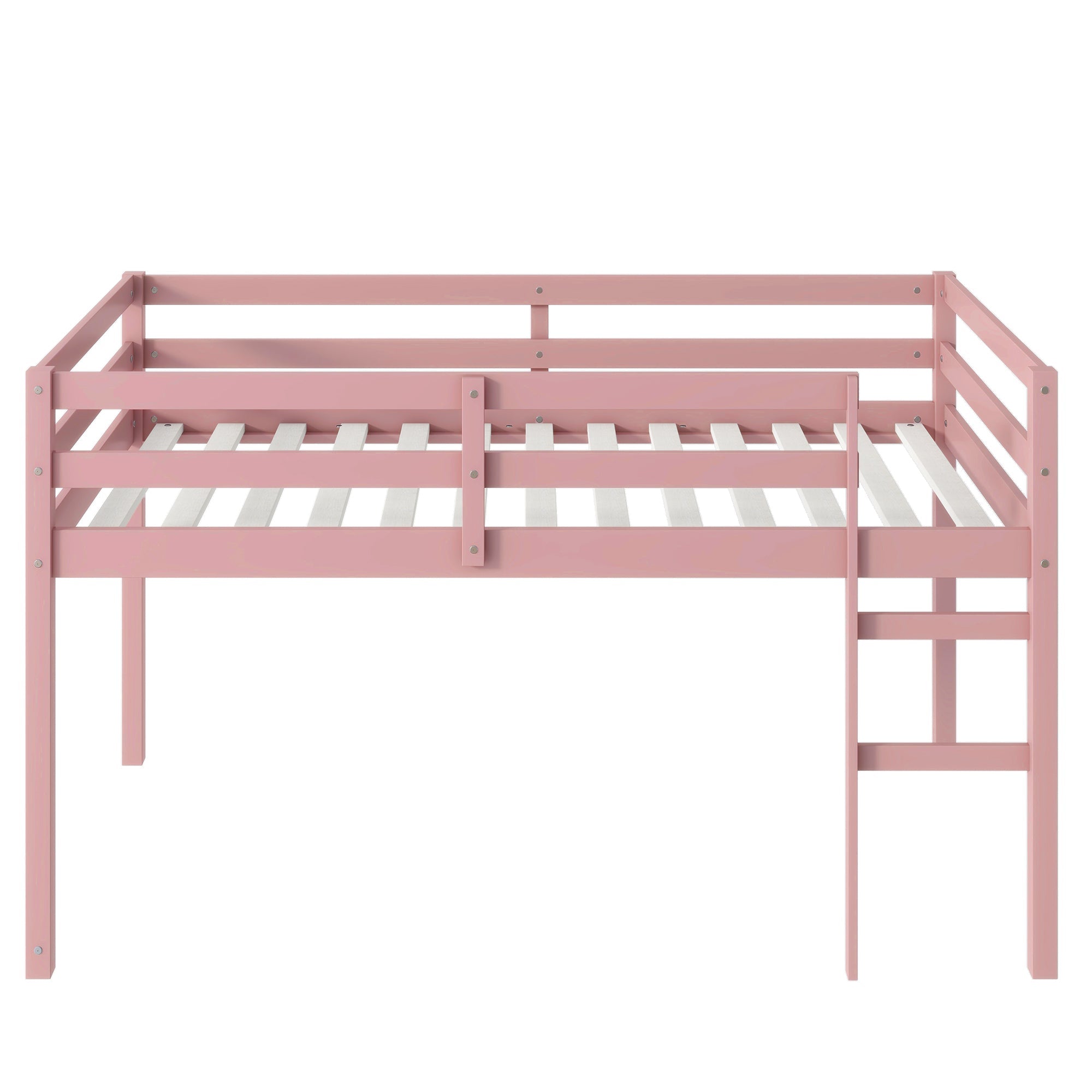 Solid Wooden, Rubber Wooden Twin Loft Bed with Ladder, Bed Platform of Strengthened Slats, Pink