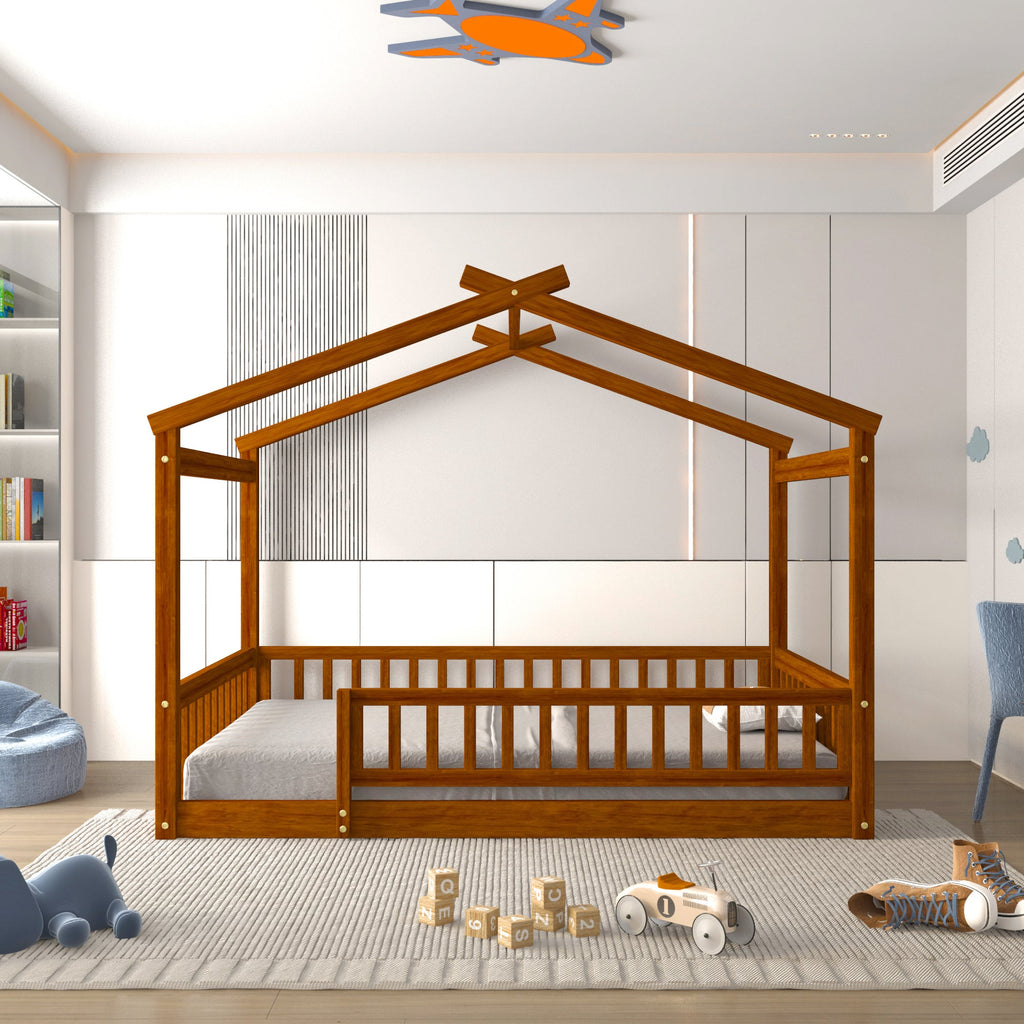 Full Size Wood Bed House Bed Frame with Fence, for Kids, Teens, Girls, Boys,Walnut
