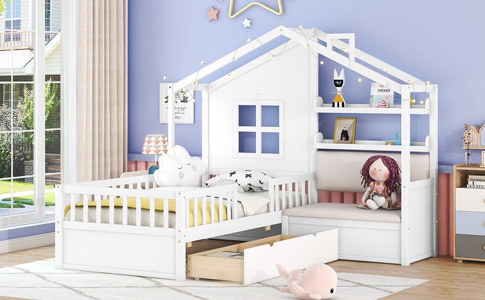 Twin Size House Bed with Sofa, Kids Platform Bed with Two Drawers and Storage Shelf, White (Old SKU:HL000065AAK)
