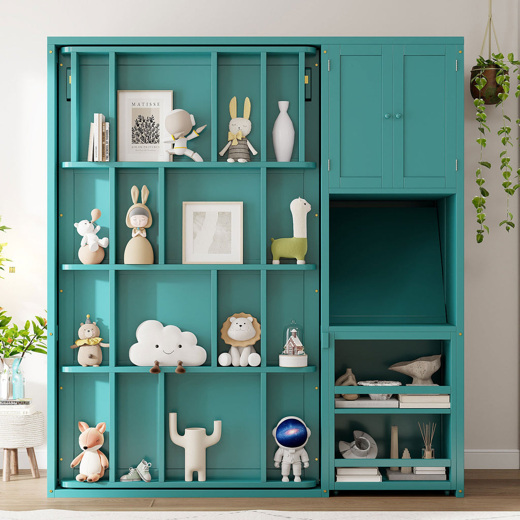 Twin Size Rotating Wall Murphy Beds with Bookshelf, Top Cabinet, Extendable Desk & Side Storage, Teal