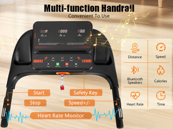 Treadmills for Home, 2.5HP Quiet Folding Treadmill with Heart Rate Sensor, 300lbs Weight Capacity, 7.5MPH, Incline Treadmill With USB Charge Station For Android & Bluetooth Speaker, 6 Shock-Absorbing