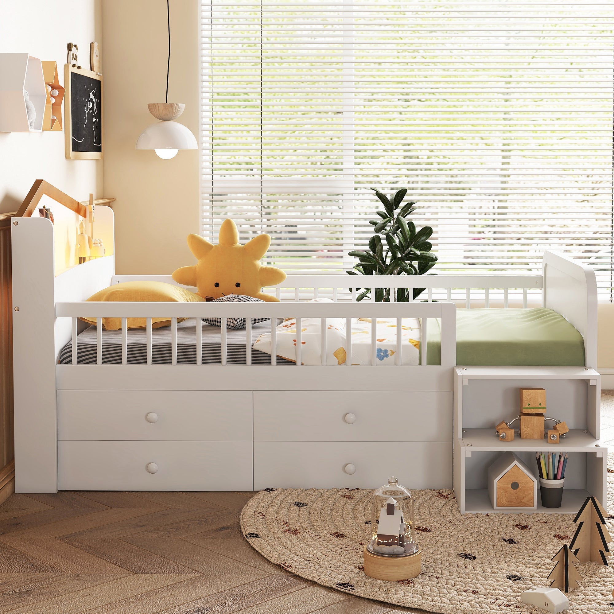 Low Loft Bed with LED Lights, Wooden Twin Loft Bed with House Shape Headboard, Kids Loft Bed with Storage Drawers, White (Expect Arrival Date 2025/1/20)