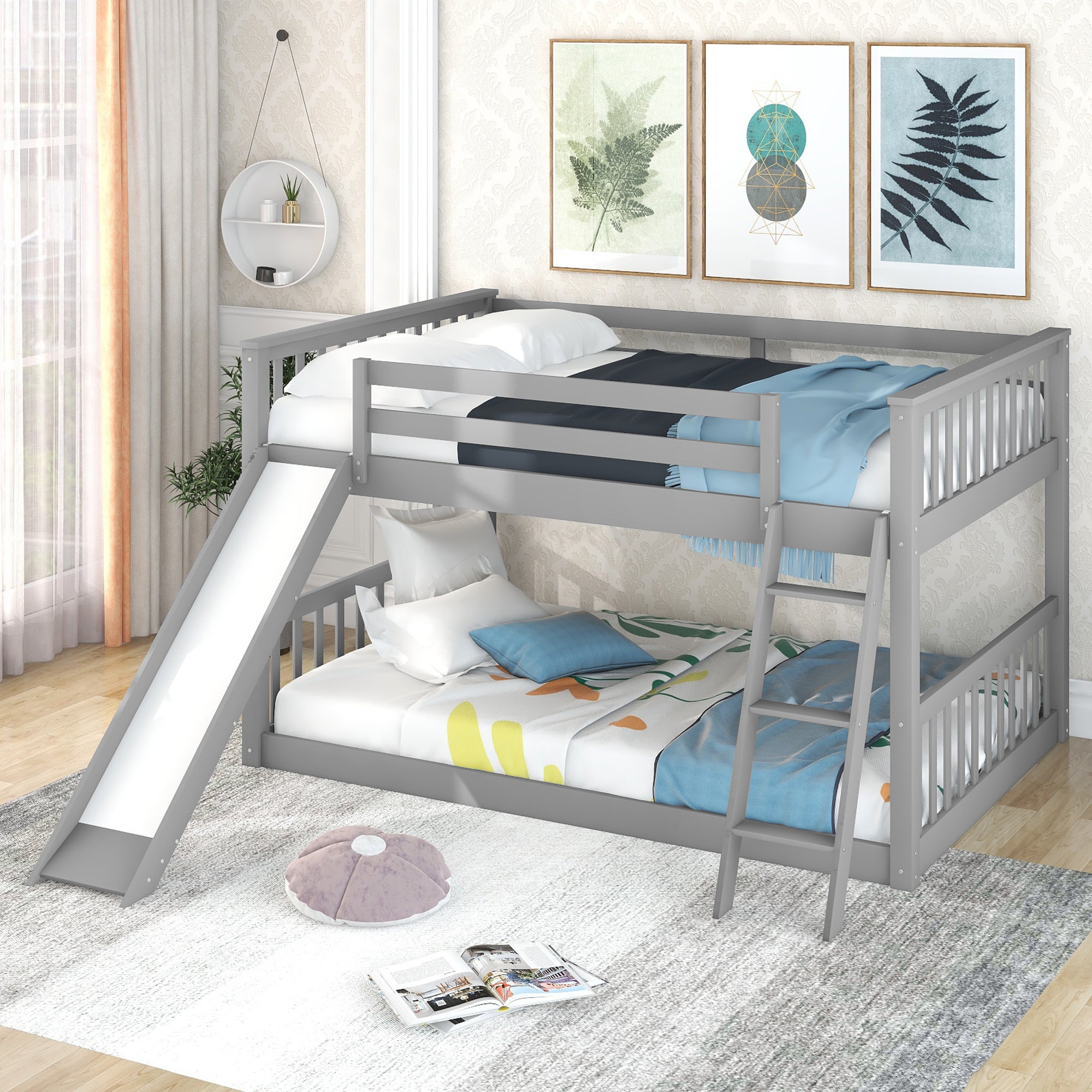 Full over Full Bunk Bed with Convertible Slide and Ladder, Gray(Old SKU: GX000708AAE)